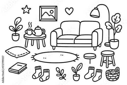 Cozy Living Room Doodle. Hand-drawn doodle illustration casual living room setup floor pillow, rug, side table, sofa, lamp, tea set, book, framed art, potted