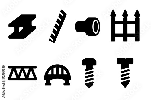 Iron Construction Icons. Solid, filled icon set of iron construction: iron beam, iron rebar, iron pipe, iron fence, iron girder, iron bridge, iron screw, iron