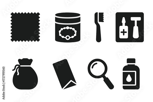 Bracelet Care Tools Icons. Solid, filled icon set of bracelet care tools: polishing cloth, jewelry cleaner, soft brush, repair kit, storage pouch, anti-tarnish