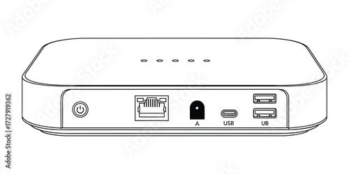 Vector illustration of a media streaming box. The device has different input ports.
