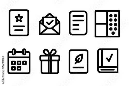 Gala Planning Icons. Solid, filled icon set of gala invitations and planning: invitation card, RSVP envelope, guest list, seating chart, event calendar, gift