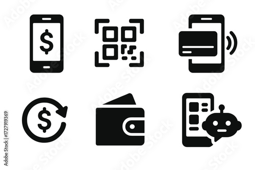 Digital Banking Icons. Solid, filled icon set of digital banking: smartphone with dollar sign, QR code scanner, NFC chip, mobile card, transaction history,