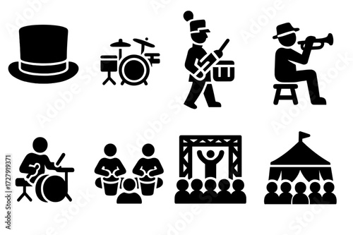 Hi-Hat Icon Set. Solid, filled icon set of hi-hat history and culture: vintage hi-hat, classic drum set, marching band, jazz band, street performance, drum