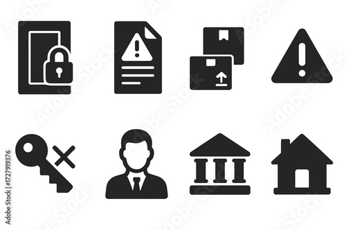 Tenant Eviction Icons. Solid, filled icon set of tenant removal: locked door, eviction notice, moving boxes, warning sign, key with cross, landlord figure,