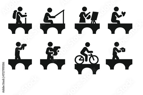 Old Bridge Visitors Icons. Solid, filled icon set of old bridge visitors: traveler, fisherman, painter, storyteller, birdwatcher, historian, cyclist,