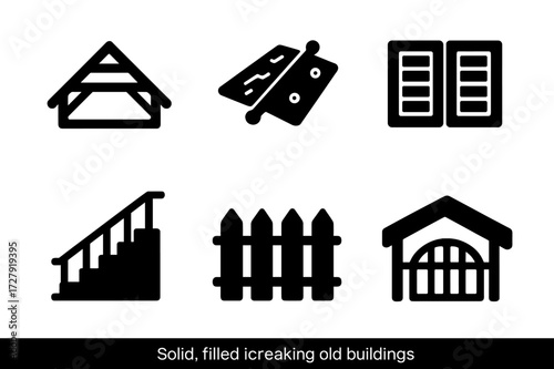 Old Building Icon Set. Solid, filled icon set of creaking old buildings: attic, wooden floor, door hinge, window shutter, old stairs, fence, gate, roof beam.
