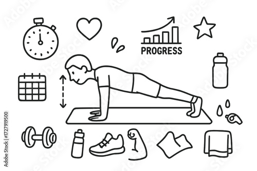 Fitness Journey Icons. Hand-drawn doodle illustration Fitness progress push-up correct form person in push-up, stopwatch, progress chart, heart, water bottle,