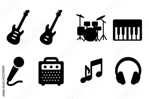 Jam Session Icons. Solid, filled icon set of jam session elements: electric guitar, bass guitar, drum kit, keyboard, microphone, amplifier, music notes,