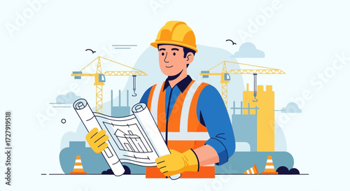 Construction Worker or Engineer Holding Blueprints at Building Site with Cranes, Safety Helmet, and Vest in Modern Construction Industry Illustration