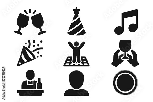 Party Icon Set. Solid, filled icon set of bar shelf party and events: clinking glasses, party hat, confetti, music note, dance floor, celebration toast,
