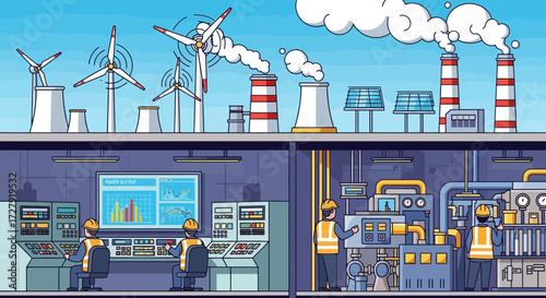 Modern Power Plant with Renewable Energy and Fossil Fuel Industry, Control Room with Engineers Monitoring Data, Wind Turbines and Factory Chimneys, Energy Production Process Vector Illustration