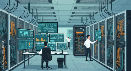 Illustration of Data Center Server Room with IT Engineers, Computer Racks, Monitors, Network Cables, Cloud Computing, Cybersecurity, and Modern Technology Infrastructure