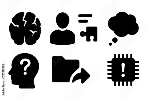 Memory Loss Icons. Solid, filled icon set of memory loss: brain with cracks, forgetting icon, puzzle piece missing, empty thought bubble, dementia symbol, lost
