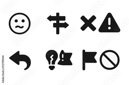 Poor Choice Icons. Solid, filled icon set of poor choice: confused face, decision crossroads, wrong checkmark, error sign, back arrow, broken idea, caution