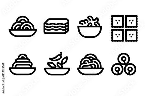 Pasta Dish Icons. Solid, filled icon set of pasta main dishes: spaghetti, lasagna, macaroni and cheese, ravioli, fettuccine Alfredo, penne arrabiata,