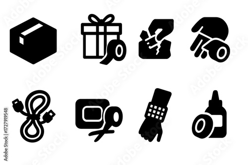 Versatile Tape Icons. Solid, filled icon set of tape usage: sealing box, taping gift, repairing object, binding cables, labeling, medical bandage, masking