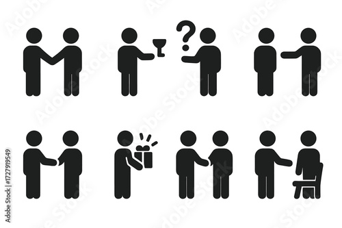 Host-Guest Icon Set. Solid, filled icon set of host and guest interactions: handshake, offering drink, answering question, pointing direction, giving gift,