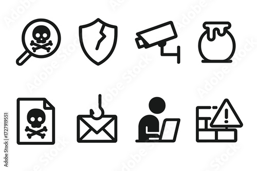 Cybersecurity Threat Icons. Solid, filled icon set of cybersecurity threats detection: malware scan, vulnerability, security camera, honeypot, threat report,