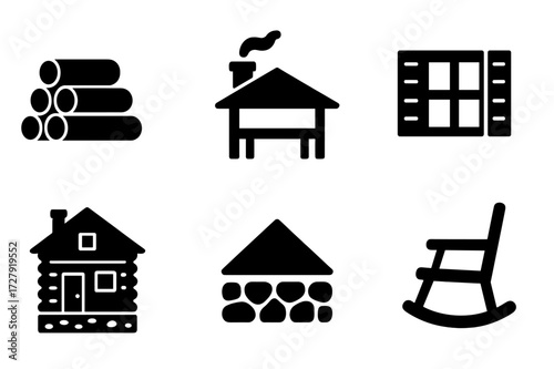 Log Cabin Icon Set. Solid, filled icon set of log cabin features: wooden logs, chimney, porch, window shutters, pitched roof, stone foundation, front door,