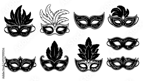 Elegant black and white masquerade masks for a touch of mystery and charm, perfect for party invitations, theatrical designs, or festival promotions