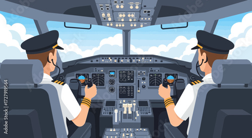 Illustration of Airplane Cockpit with Pilots Flying Aircraft, Aviation Controls, and Flight Deck View in Commercial Airline for Travel, Transportation, and Aviation Industry