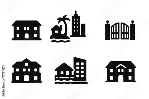 Tax Haven Icons. Solid, filled icon set of tax haven real estate: luxury villa, private island, skyscraper, gated community, mansion, beach house, penthouse,