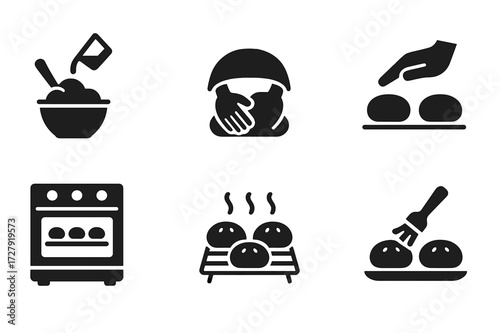 Bun Baking Icons. Solid, filled icon set of bun baking steps: mixing dough, kneading, proofing, shaping, baking, cooling, glazing, serving. Solid, filled icons