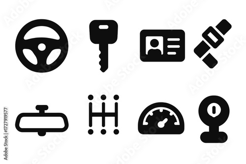 Driver Essentials Icons. Solid, filled icon set of driver essentials: steering wheel, car key, driver's license, seat belt, rearview mirror, gear shift,
