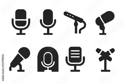 Music Microphone Icons. Solid, filled icon set of music recording microphones: studio mic, large diaphragm mic, overhead mic, room mic, drum mic, vocal booth