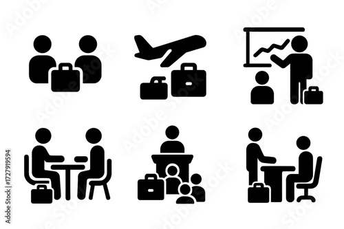 Briefcase Icon Set. Solid, filled icon set of briefcase usage scenarios: business meeting, travel, interview, conference, presentation, client visit, office