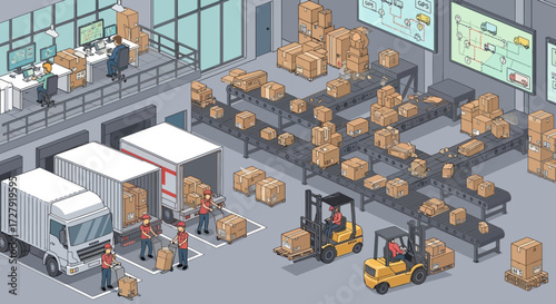 Modern Warehouse Logistics with Workers, Forklifts and Conveyor Belts, Distribution Center Interior, Supply Chain Management and Package Delivery Process, Isometric Vector Illustration