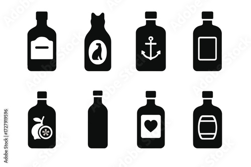 Gin Types Icon Set. Solid, filled icon set of gin types: London dry gin bottle, old tom gin, navy strength gin, distilled gin, flavored gin, genever, pink gin,
