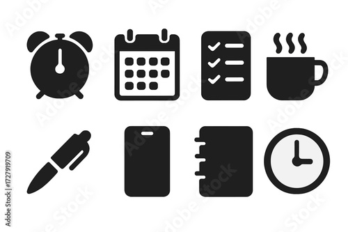 Daily Plan Icons. Solid, filled icon set of daily plans: alarm clock, calendar, checklist, coffee cup, pen, smartphone, notebook, clock. [Line icons in only