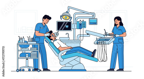 Illustration of dentist and assistant treating patient in modern dental clinic with medical equipment, oral health care, dentistry, stomatology, dental treatment concept