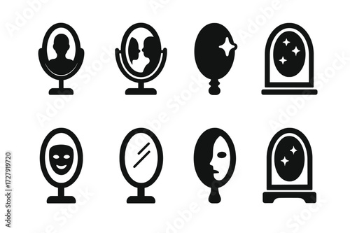 Mirror Symbolism Icons. Solid, filled icon set of mirror symbolism: self-reflection, duality, inner truth, illusion, vanity, clarity, hidden self, spiritual