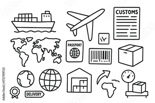 Global Shipping Doodle. Hand-drawn doodle illustration International shipping cargo ship, airplane, customs form, world map, passport, barcode, shipping crate,