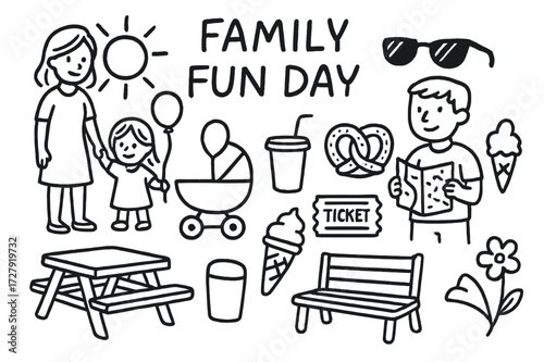 Family Amusement Day. Hand-drawn doodle illustration [Family fun day] [mom, dad, kid, stroller, toy balloon, amusement map, soda cup, pretzel, ride ticket,