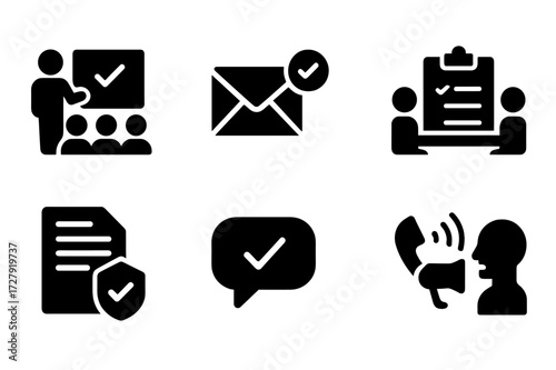 Compliance Icon Set. Solid, filled icon set of compliance communication: training session, email notification, policy update, audit meeting, report submission,