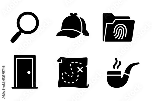 Mystery Icons Grid. Solid, filled icon set of mystery investigation: magnifying glass, detective hat, fingerprint, clue folder, locked door, mysterious map,