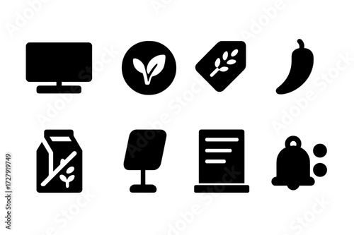 Buffet Label Icons. Solid, filled icon set of buffet labels and signage: food label card, vegan symbol, gluten-free tag, spicy icon, dairy-free label, tray