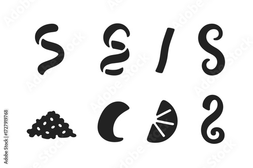 Orange Peel Icons. Solid, filled icon set of orange peel types: twisted peel, spiral peel, zest strip, curled peel, grated peel, dried peel, peeled segment,