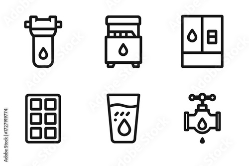 Cold Water Icons. Solid, filled icon set of cold water treatment: water filter, ice maker, water cooler, refrigerator water dispenser, ice cube tray, chilled