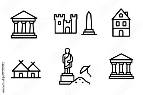 Heritage Sites Icons. Outline icon set of heritage sites: ancient temple, castle, monument, historic house, archaeological dig, statue, traditional village,