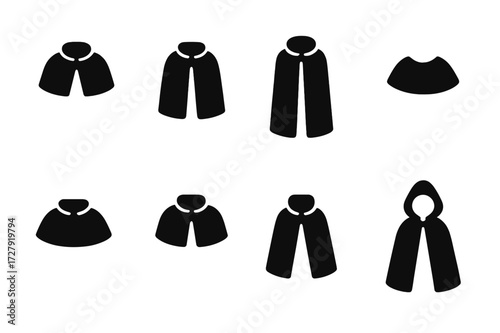 Cloak Icon Set. Solid, filled icon set of cloak types by length: short cloak, mid-length cloak, full-length cloak, capelet, shoulder cape, mantlet, half cloak,