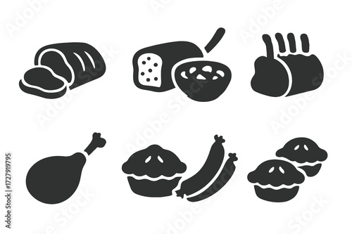 Traditional Meat Dishes Icons. Solid, filled icon set of traditional meat dishes: roast beef, meatloaf, beef stew, pork roast, lamb roast, chicken pot pie,