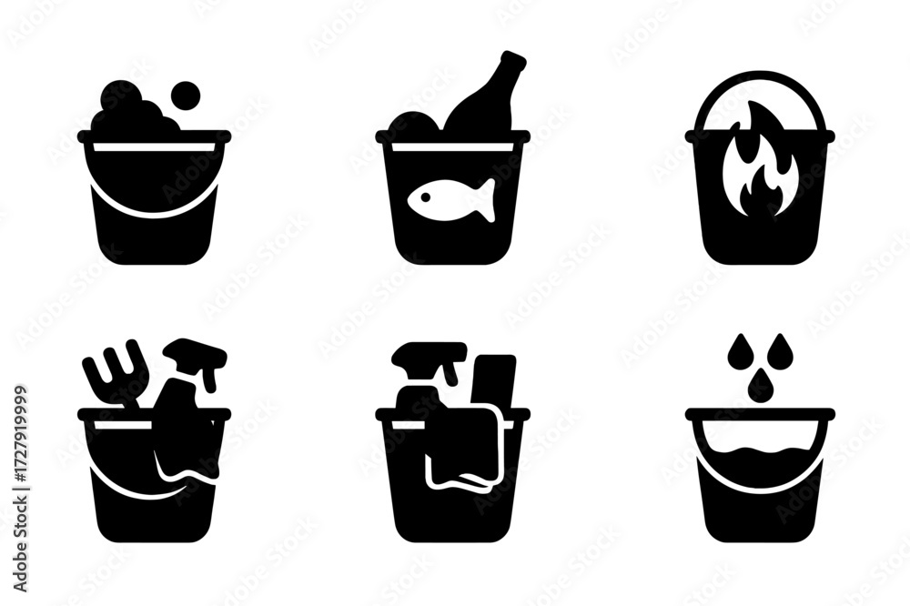 Obraz premium Utility Bucket Icon Set. Solid, filled icon set of bucket in activities: washing bucket, ice bucket for drinks, bucket for fishing bait, bucket for fire