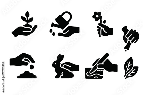 Hands in Nature Icons. Solid, filled icon set of hands in nature: holding plant, watering can, picking flower, planting seed, animal petting, wood carving,