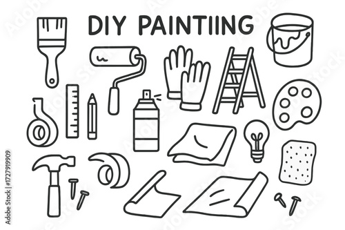DIY Tools Doodle. Hand-drawn doodle illustration DIY painting paintbrush, roller, paint bucket, ladder, gloves, ruler, pencil, tape, drop cloth, spray can,