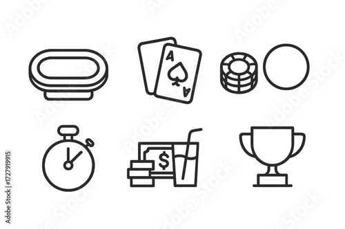 Poker Game Icons. Outline icon set of poker game elements: poker table, cards, chips, dealer button, timer, money stack, drink, winner trophy. Line icons in