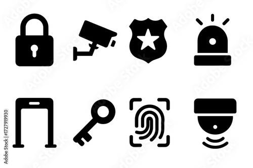 Security Icons Set. Solid, filled icon set of physical security: padlock, security camera, guard badge, alarm bell, security gate, key, fingerprint scanner,